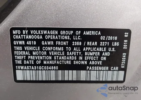 2016 Volkswagen Passat 1.8T S z USA, uszkodzony, nr VIN 1VWAS7A31GC034860